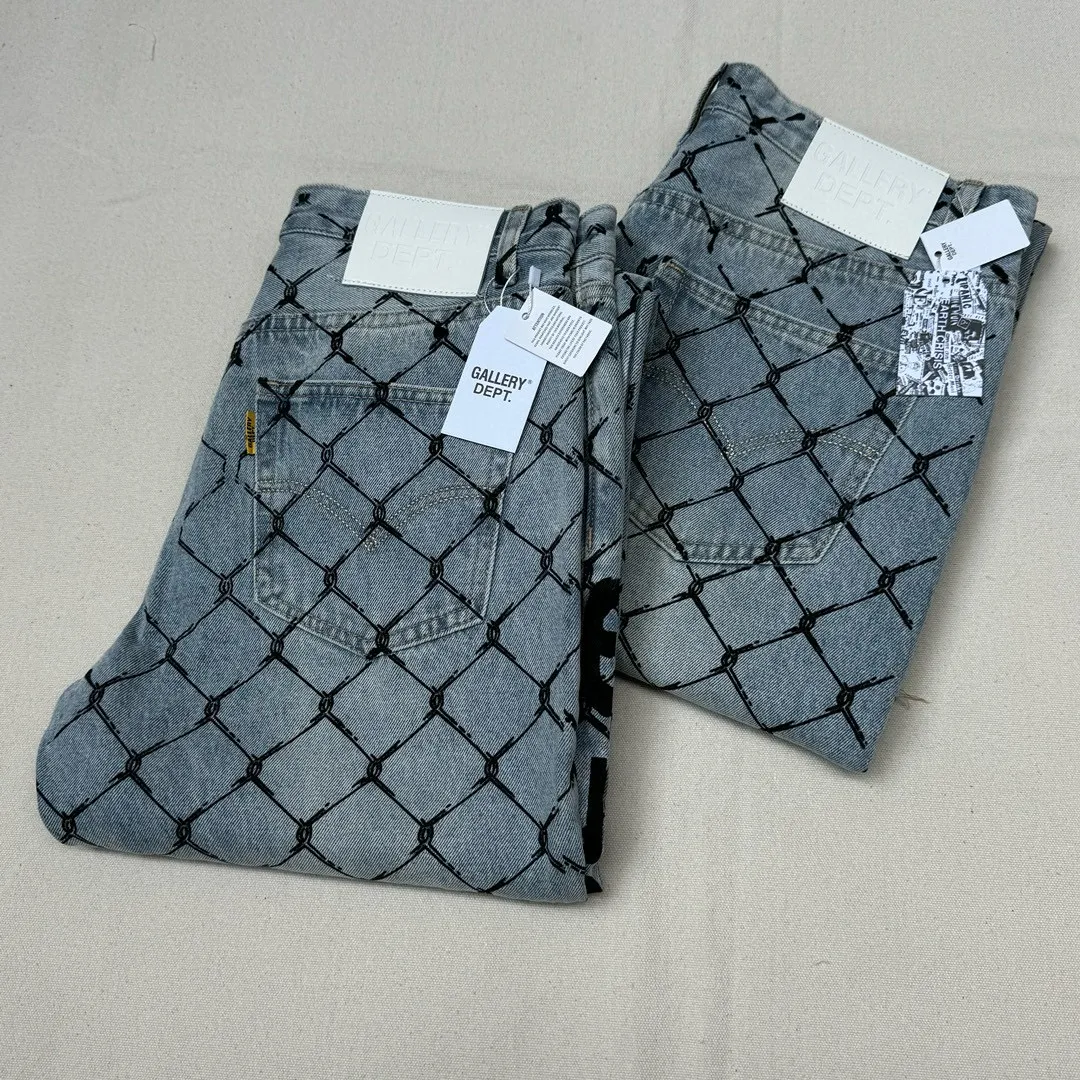 -Size upper body P240#G786 GALLERY DEPT. Steel mesh letter printed slim jeans jeans casual group trendy American slim men's and women's trousers Color: blue Size: S-XXL (corresponding to 28-36)